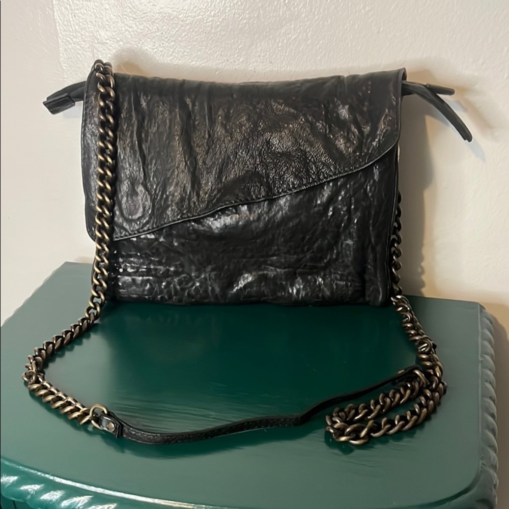 Maxon Collection Genuine Leather Black Crossbody Bag with Detachable Chain Strap